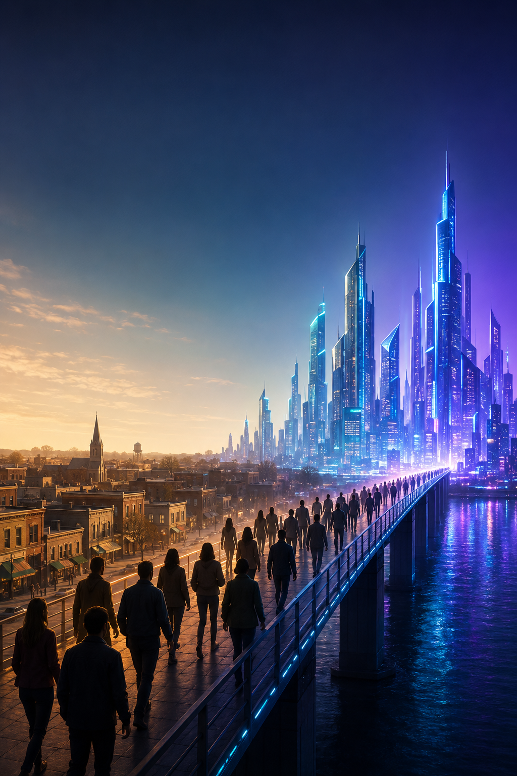 People walking from a small town toward a glowing neon AI metropolis, symbolizing how AI lets one voice take on an entire industry