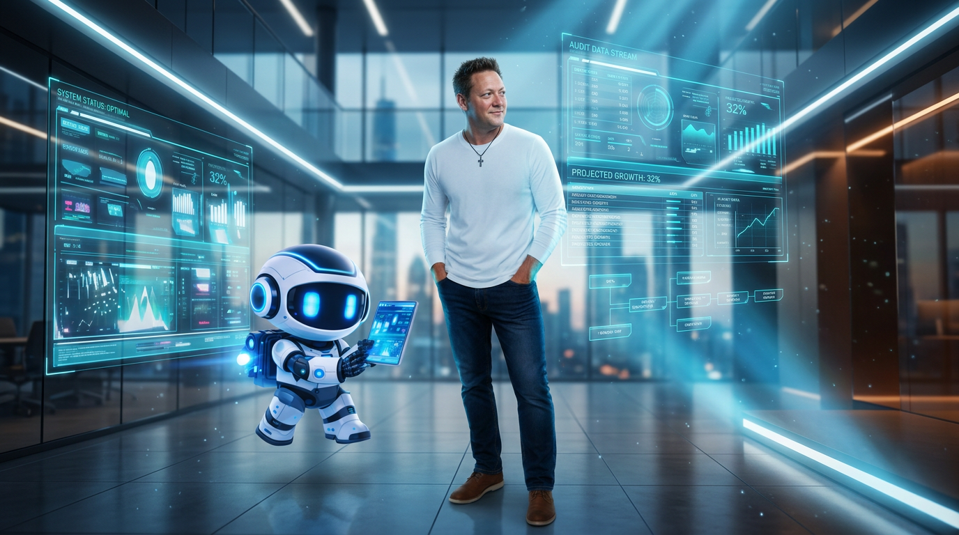 Nathan Graham auditing a company with an AI robot and holographic dashboards